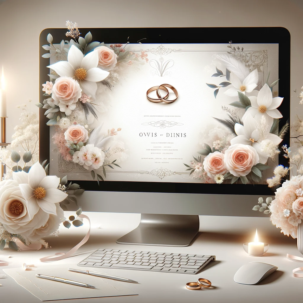 A romantic and elegant digital wedding invitation displayed on a computer screen, with soft floral accents and a sophisticated design